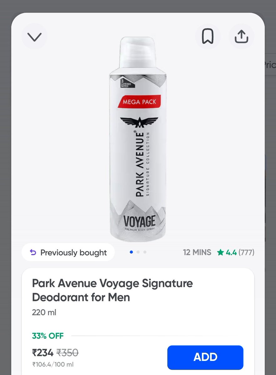ShashankCode's tweet photo. I was ordering on blinkit, Instamart a lot these days. I had to order one Park Avenue deodorant which is priced at 234 ( 220 ml ) in Instamart.  And 259 in blinkit.

I went to a nearby store and bought it for 195. 

I feel sometimes it's worth the wait. 
#blinkit #instamart https://t.co/fQhoqxfeAL