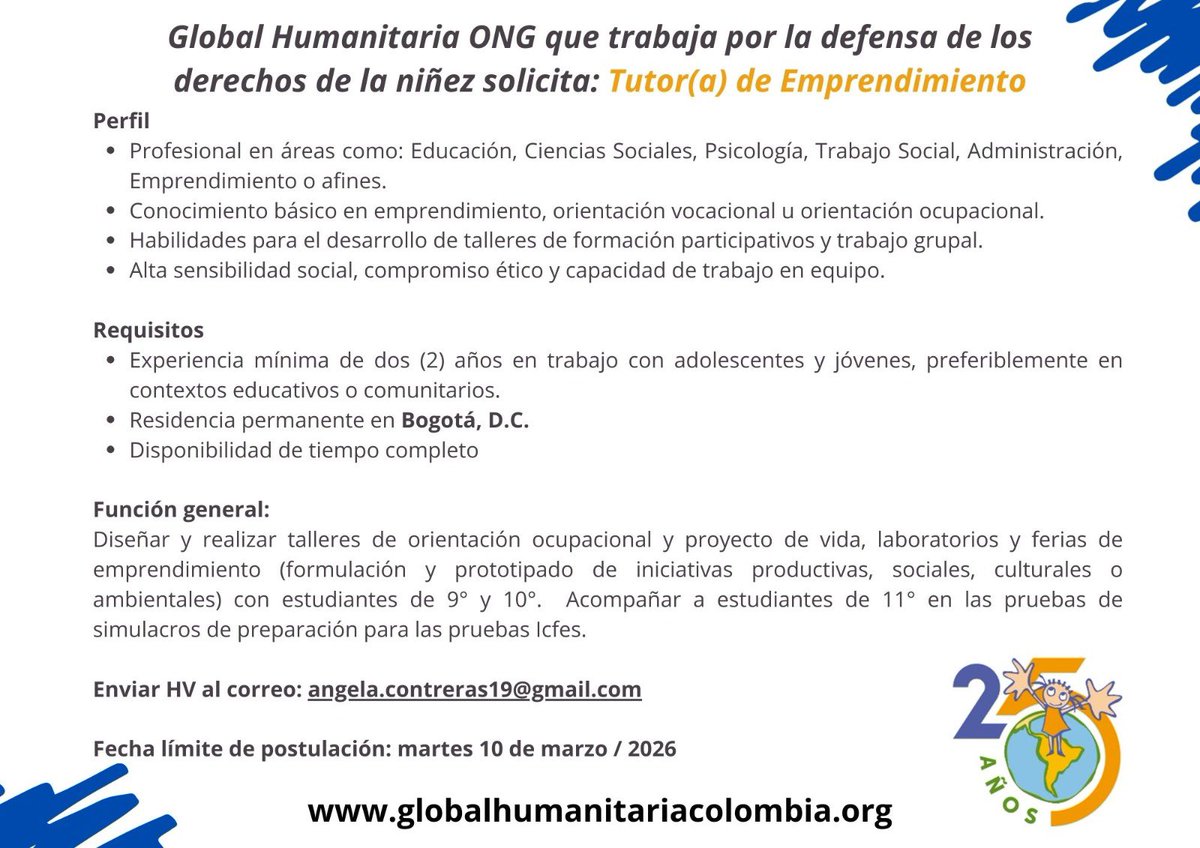 🚨 ¡Trabajo sí hay!
Si te apasiona trabajar con adolescentes y jóvenes y quieres generar impacto real en sus proyectos de vida, esta oportunidad es para ti.

🔎 Perfil que buscamos
🎓 Profesional en Educación, Ciencias Sociales, Psicología, Trabajo Social, Administración o áreas