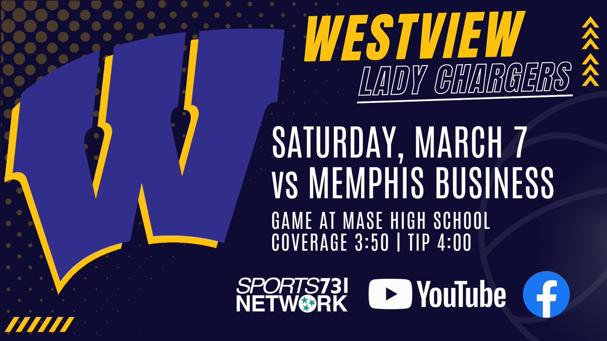 IT’S GAME DAY: 🏀

The Westview Lady Chargers travel to Memphis today to take on Memphis Business at MASE High School with a berth in the State Tournament on the line! 

Live coverage begins at 3:50, with tipoff at 4:00!

🎙️<a href="/Cprescott15/">Chase Prescott</a> brings you all the action!

A special thank