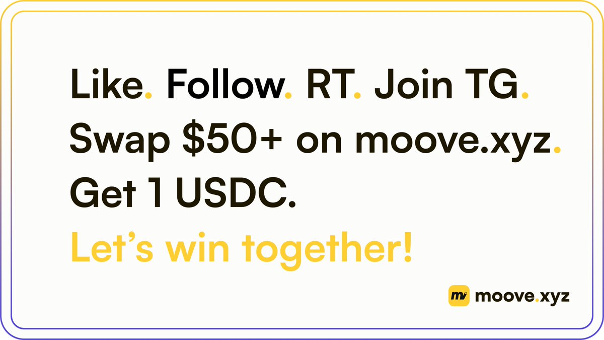 Giveaway #10, the last of $10,000+ giveaway series. Let's do this with a bang 🚀

Simply like, follow, retweet, join TG, swap 50+ on moove.xyz

We will send 1 $USDC to all the lucky winners until the prize pool is fully claimed within the next 24 hours.

Moove