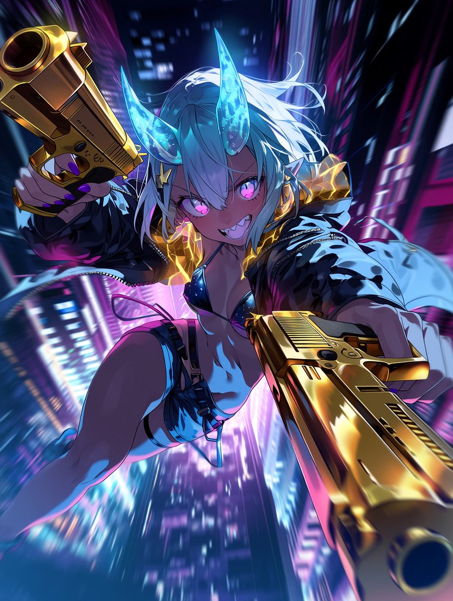 KamonegiTakeshi's tweet photo. 人外キャラで鬼娘を作ったので，少しは何か考えるかと生成．

キャラクターが固まってないので，蒼い角と水色の髪，金の銃を持った少女にしている． https://t.co/8P48VpTUMv