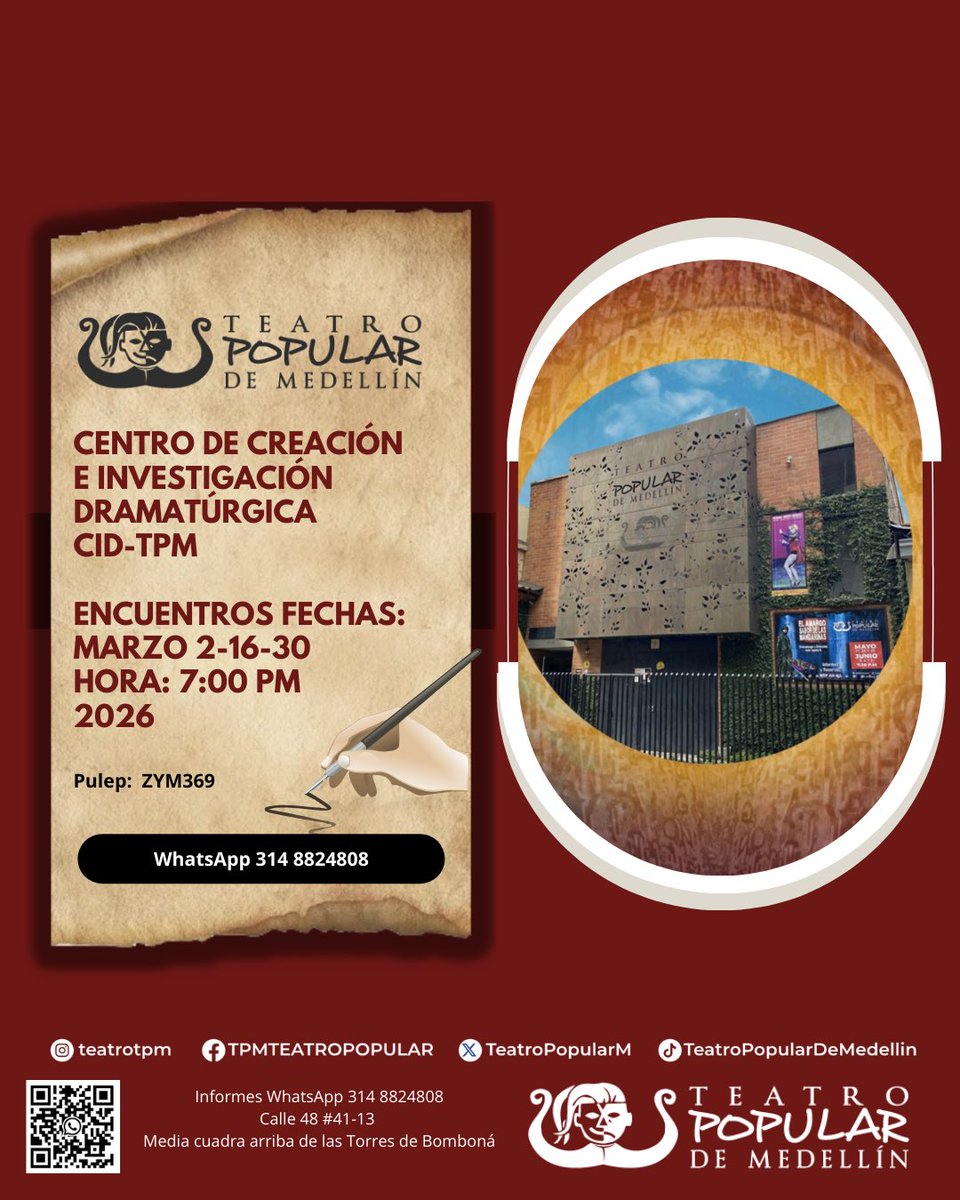 Centro de Creación e Investigación Dramatúrgica 
CID - TPM

Desde principios de la década del 90,  el TPM consolidó el Centro de Creación e Investigación Dramatúrgica,

#teatro #cursosdeteatro #clasesdeteatro #academiadeteatro #cursosparaniños  <a href="/alcaldiademed/">Alcaldía de Medellín</a> <a href="/mincultura/">MinCultura Colombia</a>