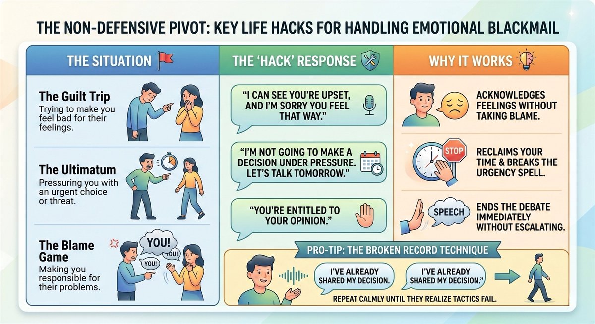 introvertds's tweet image. #LifeHack 

66. Emotional blackmail happens when someone uses your feelings, secrets, or vulnerabilities to control your behaviour. 

It usually follows a pattern: Demand → Resistance → Pressure → Threat → Compliance.
• The "Sufferer": "If you don't do this, I’ll be so