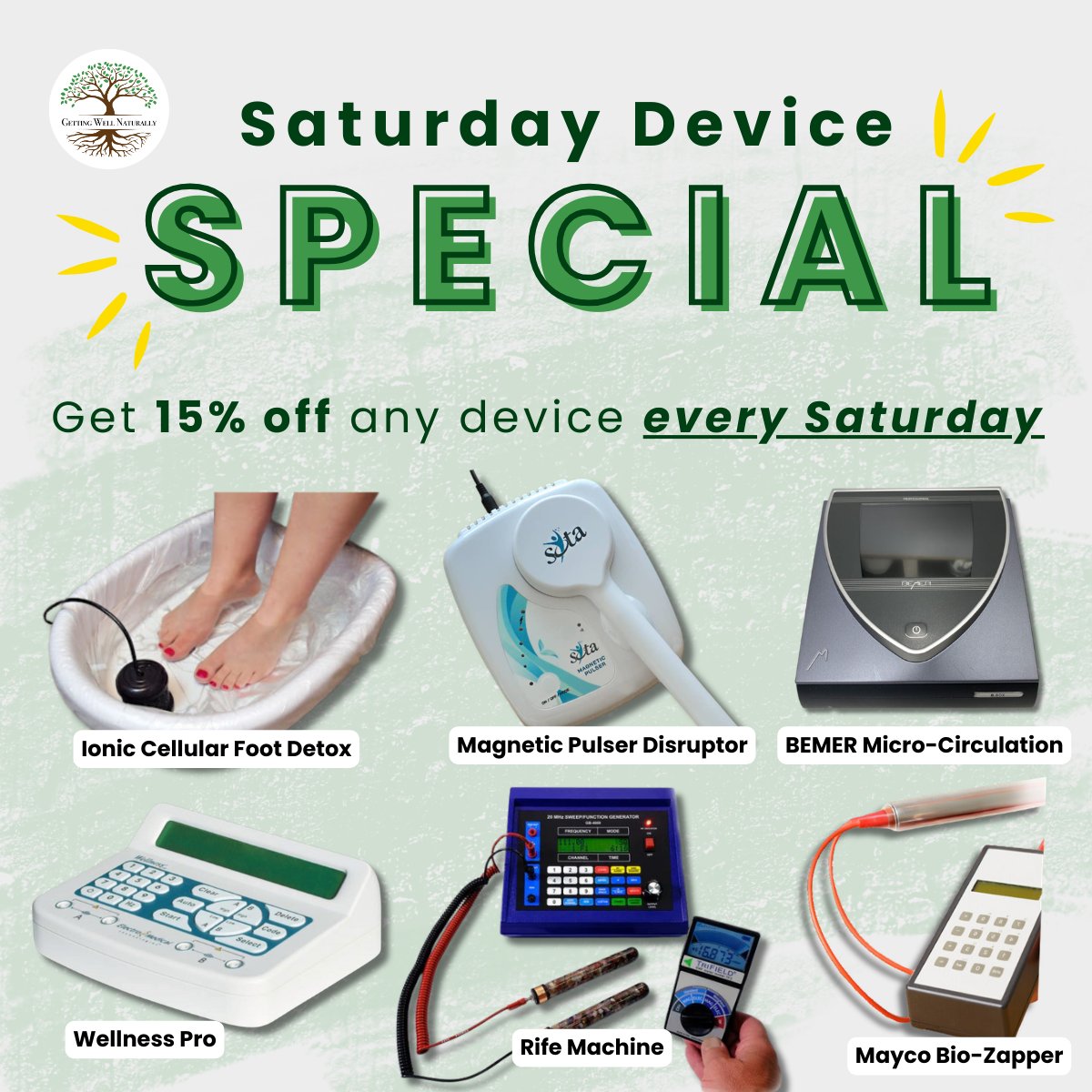 GWNStore's tweet photo. Save 15% any Saturday taking care of your health with a wellness device appointment! 🌿

Call our store or book online to make your appointment 👉 https://t.co/7d7C20TUkS https://t.co/9qXU2moMOF