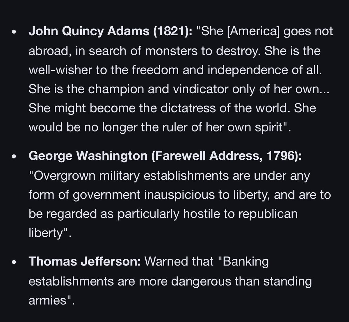 Our nation’s founders warned us pursuing an imperial, interventionist foreign policy would destroy American liberty &amp; turn the republic into a “dictatress of the world”.

They cautioned that over-extended military &amp; foreign entanglements would lead to the loss of self-governance.