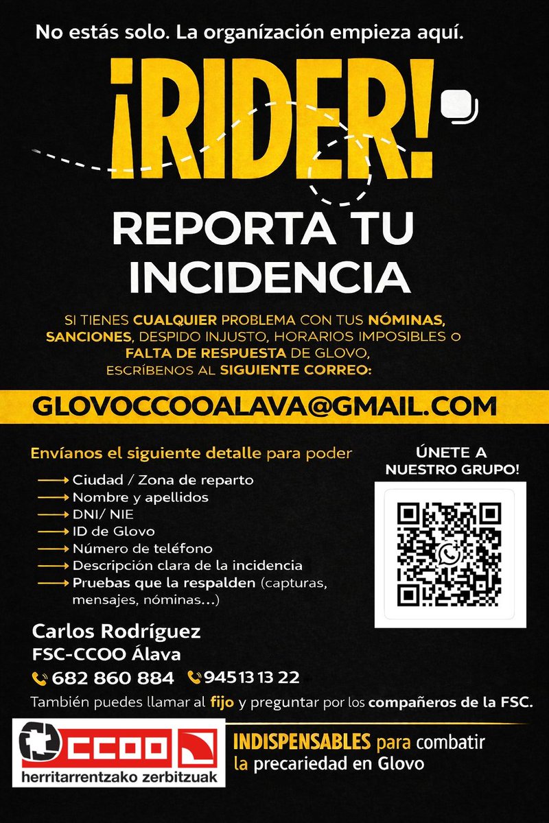 CarlosRodriFa's tweet photo. Glovo CCOO Álava #ccoo #comisionesobreras #glovo #Riders #rider #alava #euskadi https://t.co/CoUdNzx4Wh