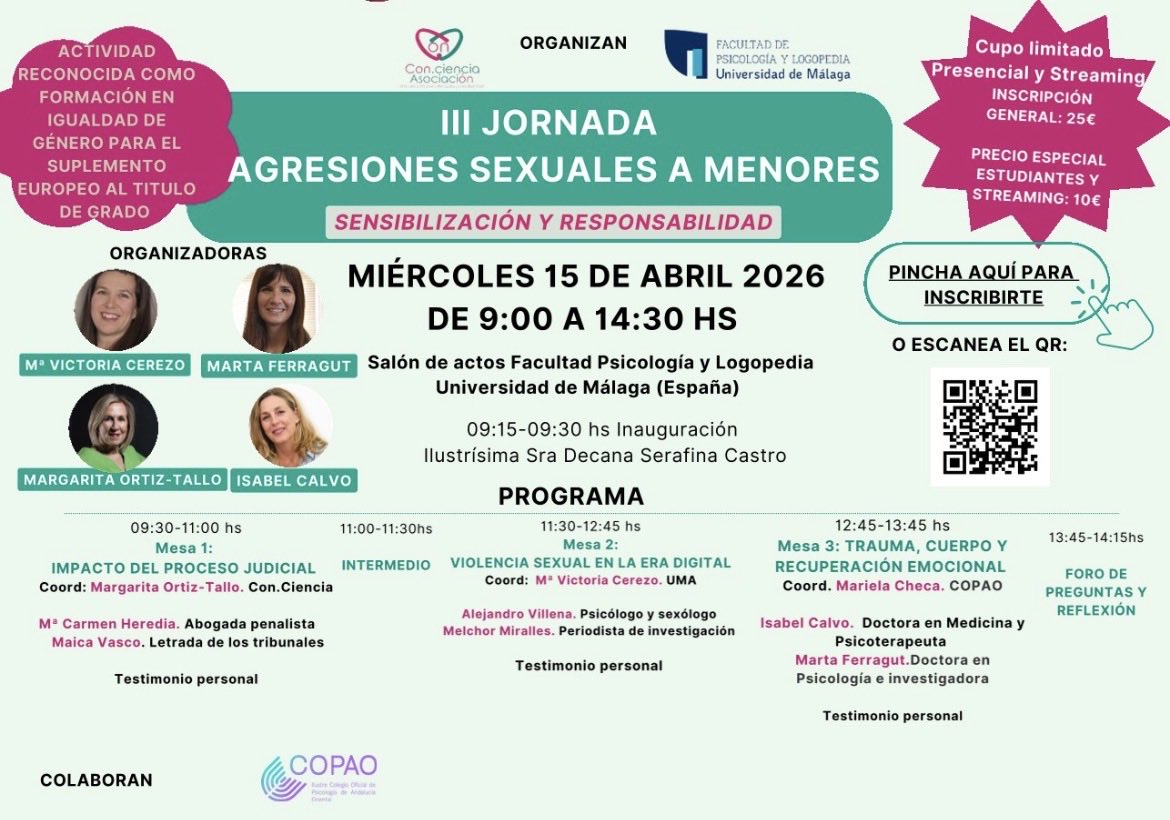 Isabel_calvo's tweet photo. III JORNADA SOBRE PREVENCIÓN DE AGRESIONES SEXUALES A MENORES. Universidad de Málaga. 15 Abril 2026 Presencial y Streaming,
Información en el cartel y el díptico adjuntos. https://t.co/w904q6E3dA