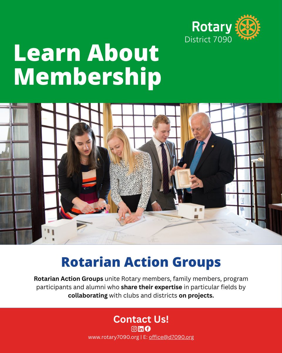 Rotarian Action Groups unite members and partners who share their skills to collaborate on projects that make a real difference locally and globally. Together, we turn ideas into impact.

#JoinRotary #Rotary7090 #PeopleOfAction #MakeADifference #CommunityLeaders