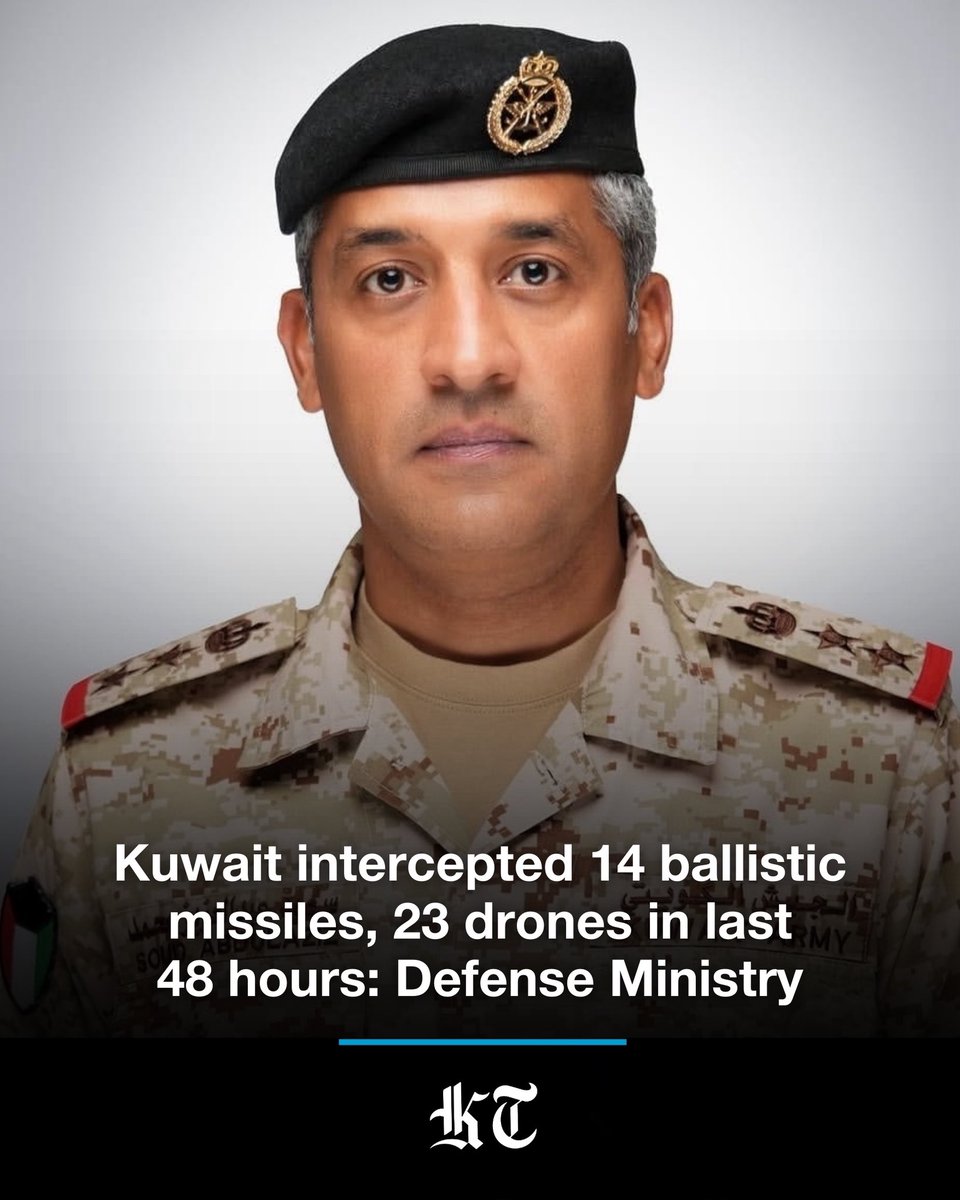 kuwaittimesnews's tweet photo. The Ministry of Defense announced on Saturday that Kuwait's air defense systems have successfully detected and intercepted a total of 14 ballistic missiles and 23 drones in the last 48 hours amidst the current regional military escalation.

In the second media briefing conducted by the Government Communication Center, Ministry of Defense Spokesman Col Saud Al-Atwan confirmed that the Kuwaiti Armed Forces effectively intercepted the hostile targets within the designated operational zones, with no injuries reported.

Twelve out of the 14 missiles were destroyed, as the remaining two were out of the danger zone, he noted, describing the attacks as a "clear and explicit violation" of Kuwaiti sovereignty and international conventions.