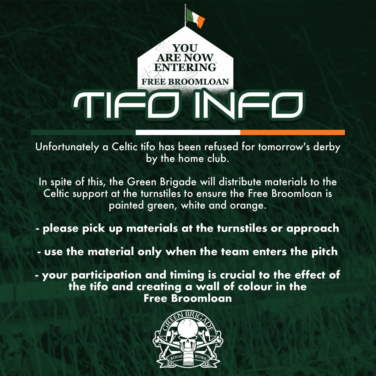 Free Broomloan Tifo Info

- tifo refused entry
- material will be distributed at turnstile/approach instead 
- please use only when the team enters the pitch
- participation and timing is crucial to the effect