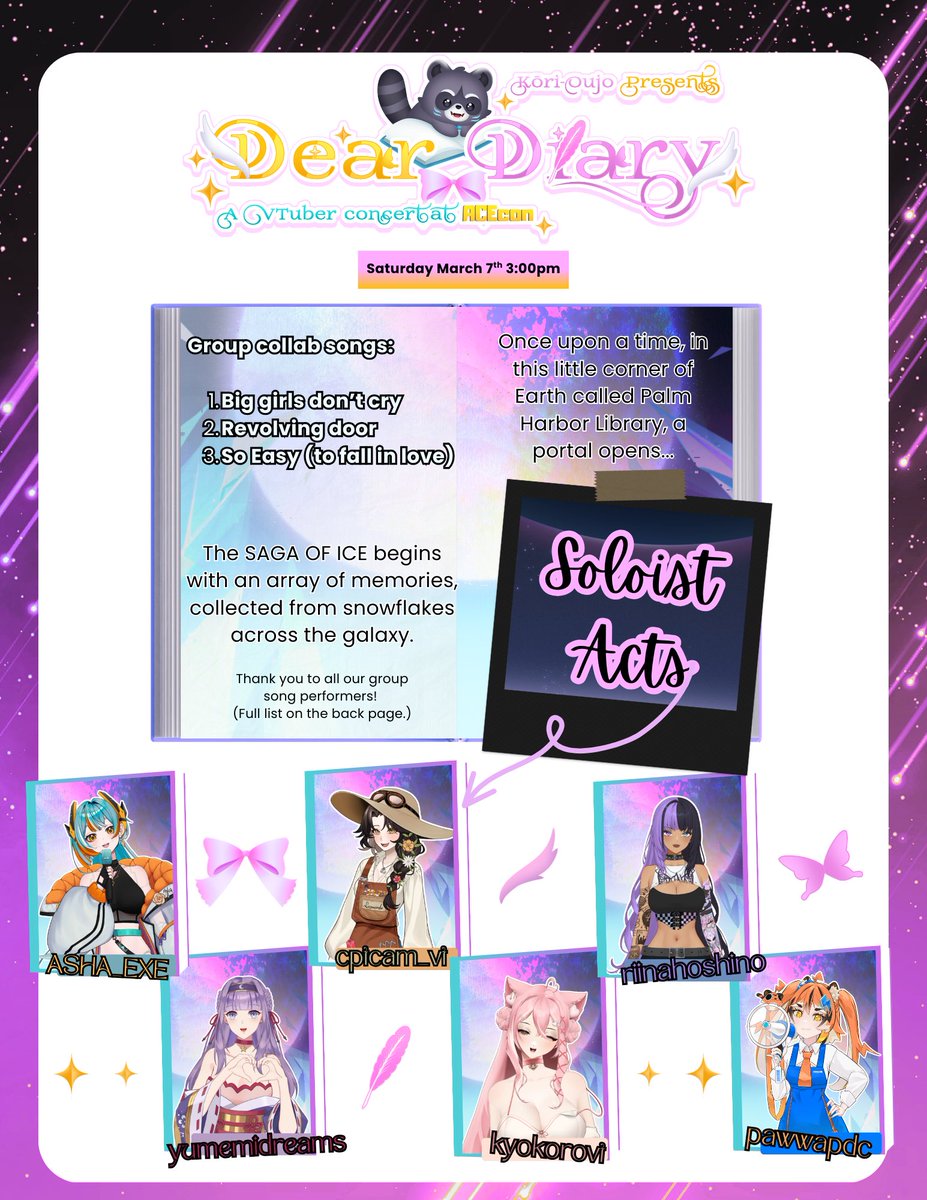 korioujo's tweet photo. 🎶📚The Dear Diary concert is TODAY!!📚🎶 

Come to the Palm Harbor Library in Florida, or watch it on my twitch/YT-for FREE! 🍧🦝

Concert / stream starts at
⏰3pm EST / 2pm CST / 12pm PST 

Here are our programs for today! Thank you to all the wonderful VTubers! #DearDiaryACE https://t.co/PQR8bRZFaS