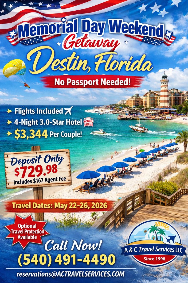 ACTRAVELSERVICE's tweet image. 🇺🇸 Memorial Day Getaway – Destin, Florida 🌴
✈️ Flights + 4-Night 3⭐ Hotel
📅 May 22–26, 2026
💲 $3,344 for 2 Adults
💳 Deposit $729.98 (includes $167 service fee)
🚫 No Passport Needed!
📞 (540) 491-4490
#actravelservicesllc #DestinFlorida #MemorialDayTravel