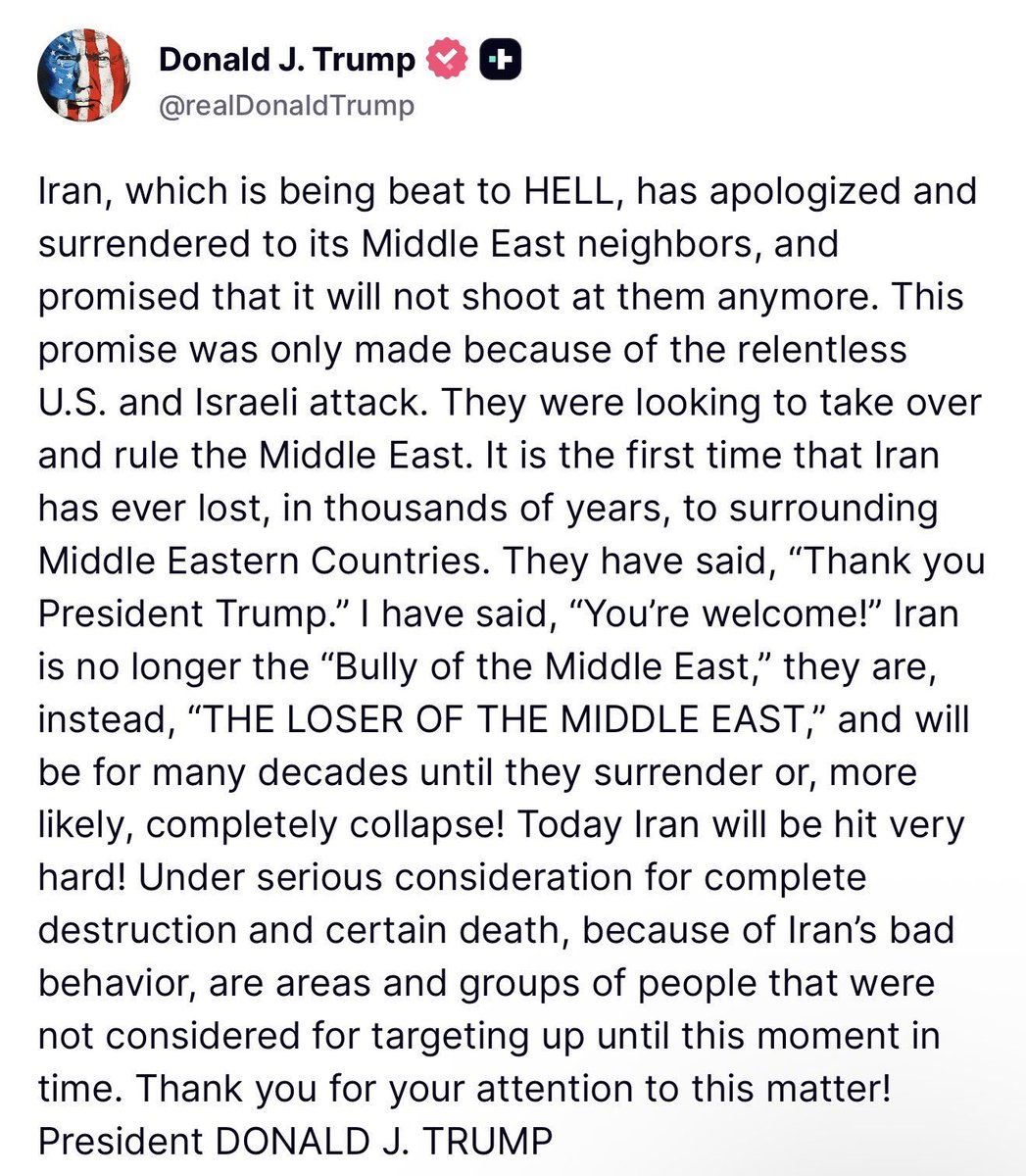 Trump ha appena rilasciato la dichiarazione più folle di sempre sulla guerra. Leggete l'ultima frase. Gli Stati Uniti stanno ora prendendo di mira tutte le aree e i gruppi di persone in #Iran "per la distruzione completa e la morte certa". Deve essere fermato. Sta minacciando di