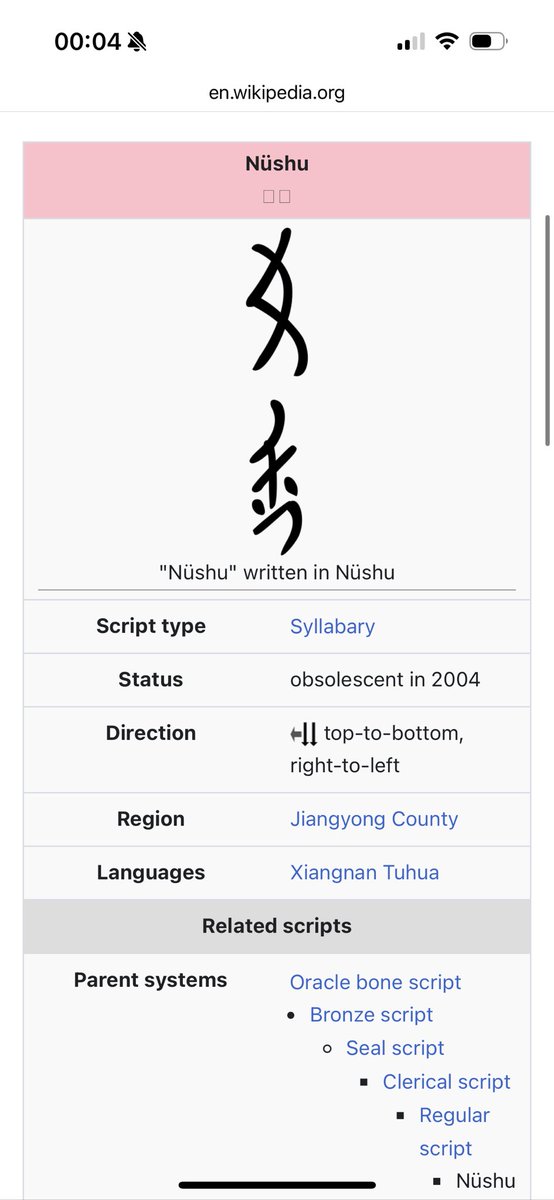 Nüshu (simplified Chinese: 女书; traditional Chinese: 女書; pinyin: Nǚshū ...