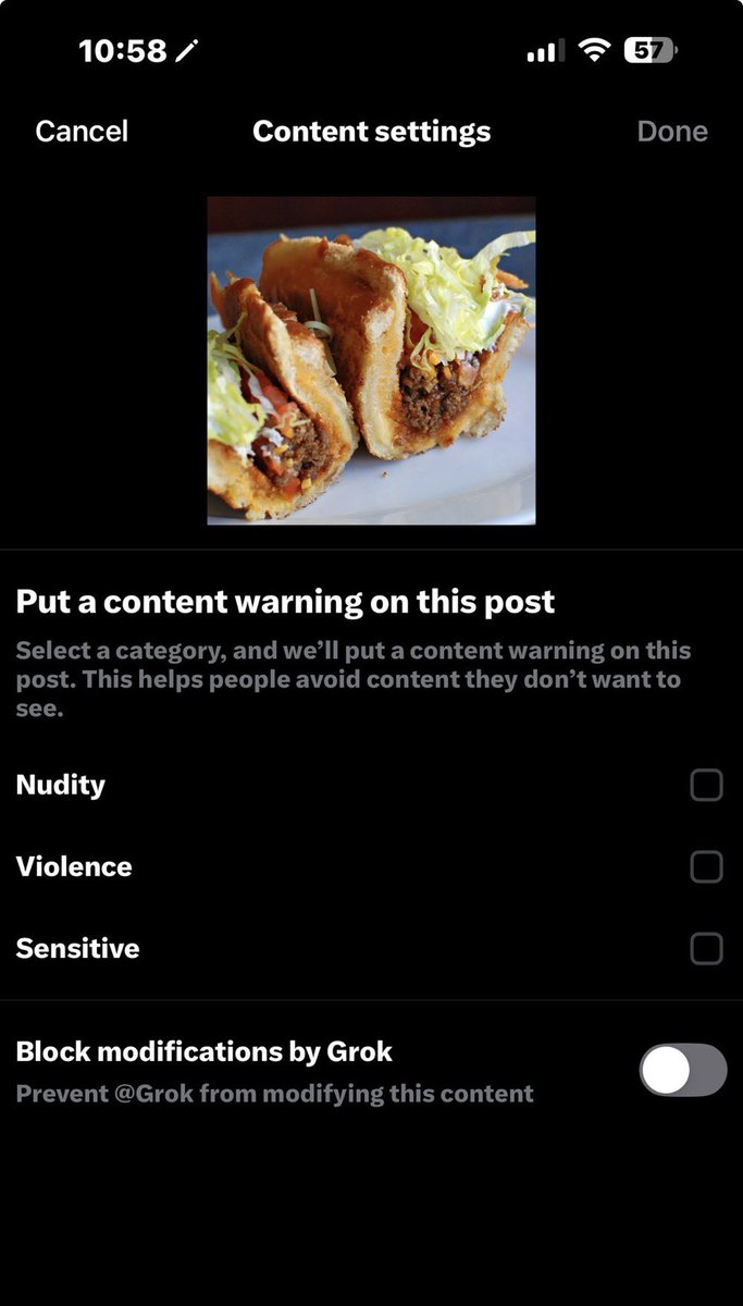 Hey!!! I almost never ask anyone to RT anything but I am right now. There’s a new feature that you can use when posting a photo to disallow grok to edit it. Great for selfies, photos of your kids, etc. 

So do me a solid and share the eff out of this??