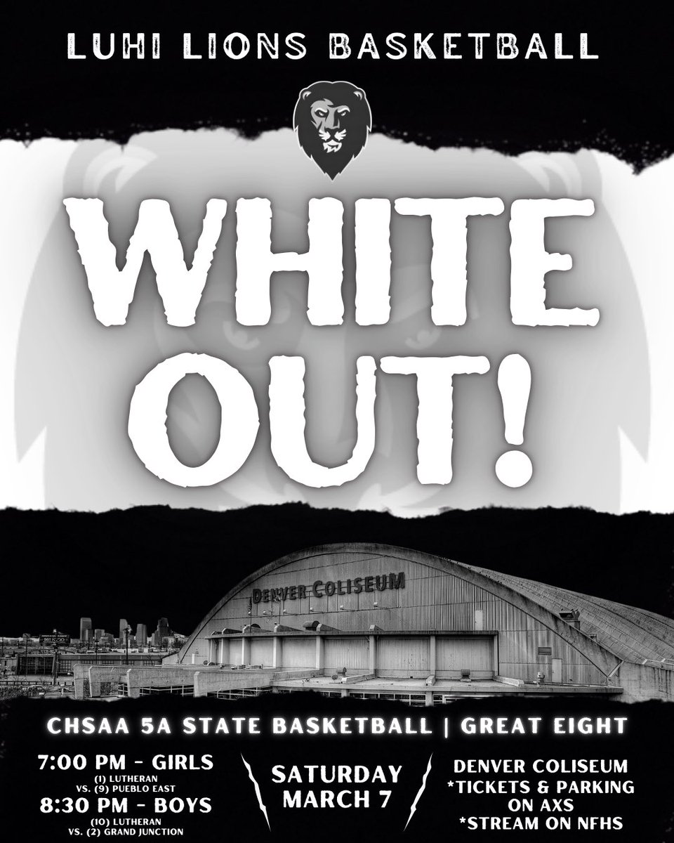🏀 STATE GAME DAY AT THE COLISEUM! Be there! Go Lions! 
⏰ 7:00 PM - Girls / 8:30 PM - Boys 
🎟️ Tickets/Parking: axs.com/events/1329877…