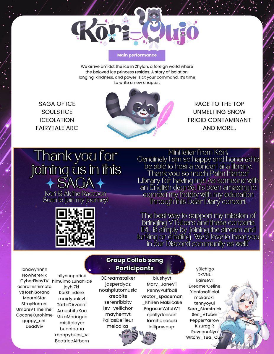 korioujo's tweet photo. 📚DEAR DIARY CONCERT IS TODAY!🎶

Join us FOR FREE at the Palm Harbor Library in FL or on my Twitch/Youtube 🍧🦝

Concert/stream start:
⏰3pm EST / 2pm CST / 12pm PST

Today’s programs! Passing out signed ones at the concert!

TYSM to the VTubers joining us today! #DearDiaryACE https://t.co/1ObckwgNgb