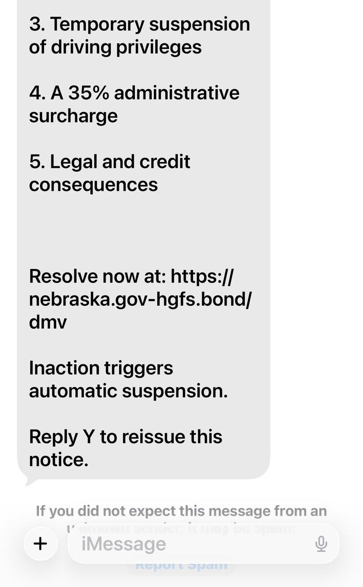 OPDOfcBossman's tweet photo. SCAM ALERT:  

The Nebraska DMV won’t send messages like this!  

Don’t click any links, delete and report as spam. https://t.co/VoqfQp4W7F