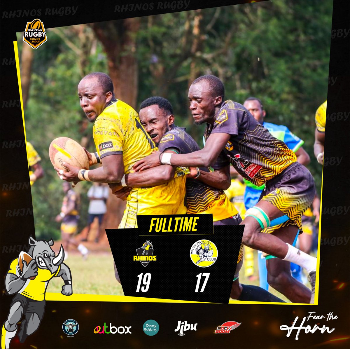 RhinosRugbyUG's tweet photo. Hard fought win at home against @WalukubaRugbyUg 

Try
Louis Oboi (1)

Conversion
Ivan kirabo (1)

Penalties
Job Wembabazi (1)
Ivan Kirabo (3)

#FearTheHorn🦏 https://t.co/1jctAG72iX