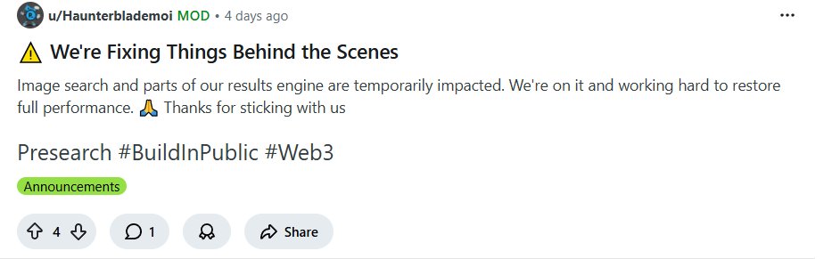 simoeggs's tweet photo. @yubbins @presearchnews so it's not just me!
just found this on presearch's reddit page.
hopefully will get fixed soon. 🤞 https://t.co/QR1nCzUp85