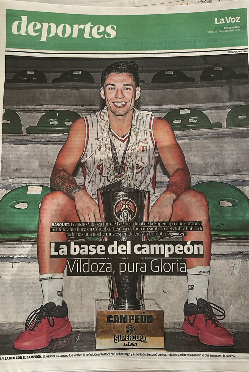 La tapa de Deportes de hoy dedicada a la conquista de la Supercopa de Instituto con el MVP Lean Vildoza.
Dos páginas adentro, toda creación de <a href="/cholito82/">Hernán Laurino</a>