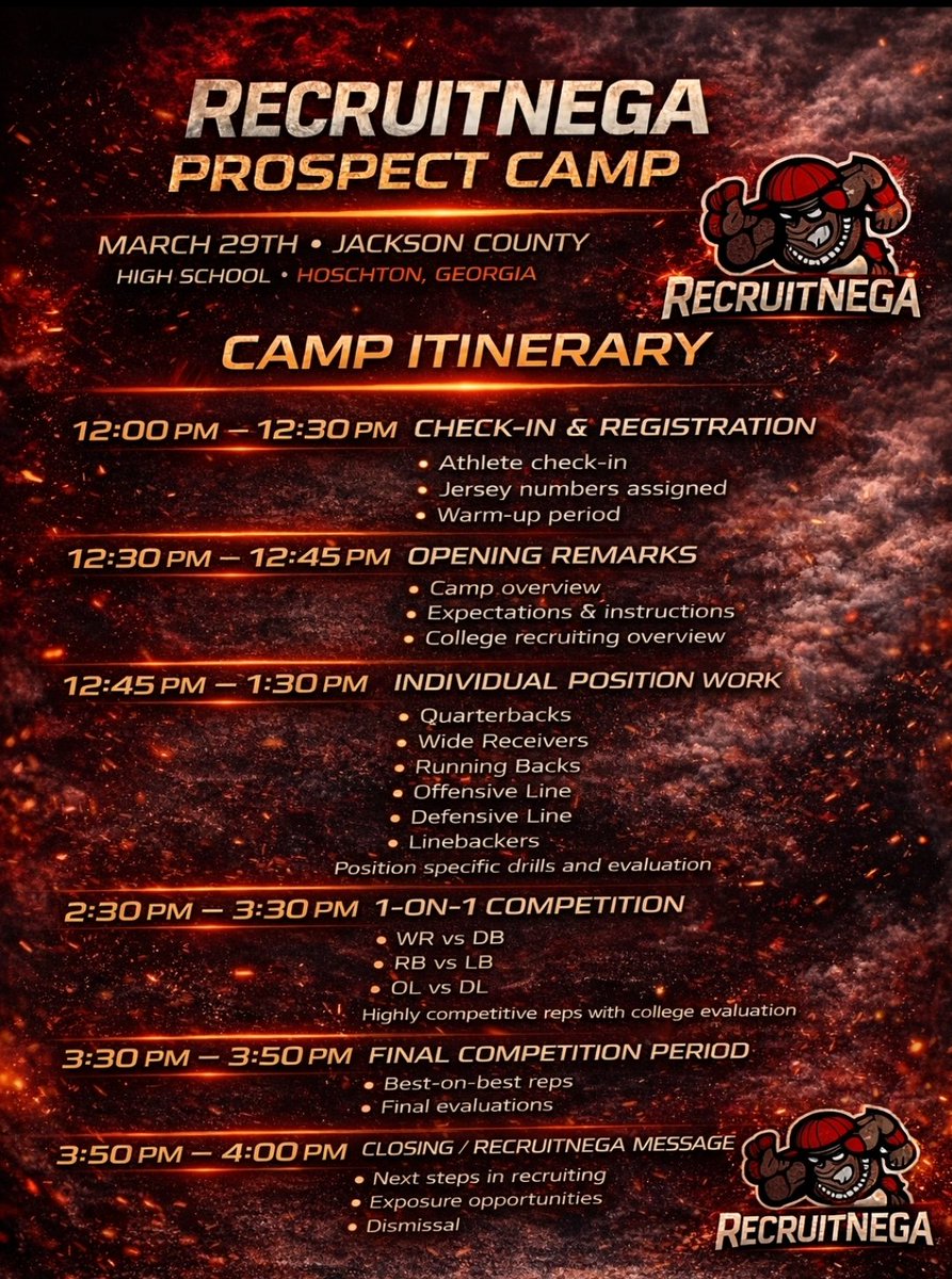 CoachDaniels06's tweet photo. 🚨 LESS THAN 25 SPOTS LEFT 🚨

The RecruitNEGA Prospect Camp Itinerary  

📅 March 29th
📍 Jackson County High School (GA)

Athletes will compete in:
• Laser Verified 40
• 5-10-5 Shuttle
• L-Drill
• Vertical & Broad Jump
• Position Work
• 1-on-1 Competition

⚠️ Registration closes March 15th or when spots fill.

If you want real exposure and evaluation, this is your opportunity.

➡️College Coaches will be in attendance. @Shorter_FB @CSULAKER @TigersAndrew @SewaneeFootball 

#RecruitNEGA #CollegeFootballRecruiting #ProspectCamp