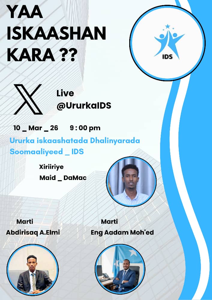 UrurkaIDS's tweet photo. Ururka Iskaashatada Dhalinyarada Soomaaliyeed wuxuu qaban rabaa space lagu laga guuraayo xaaladda caalamka ka taagan cinwaanku waa Yaa iskaashan karo. https://t.co/TnikrJ9B0i