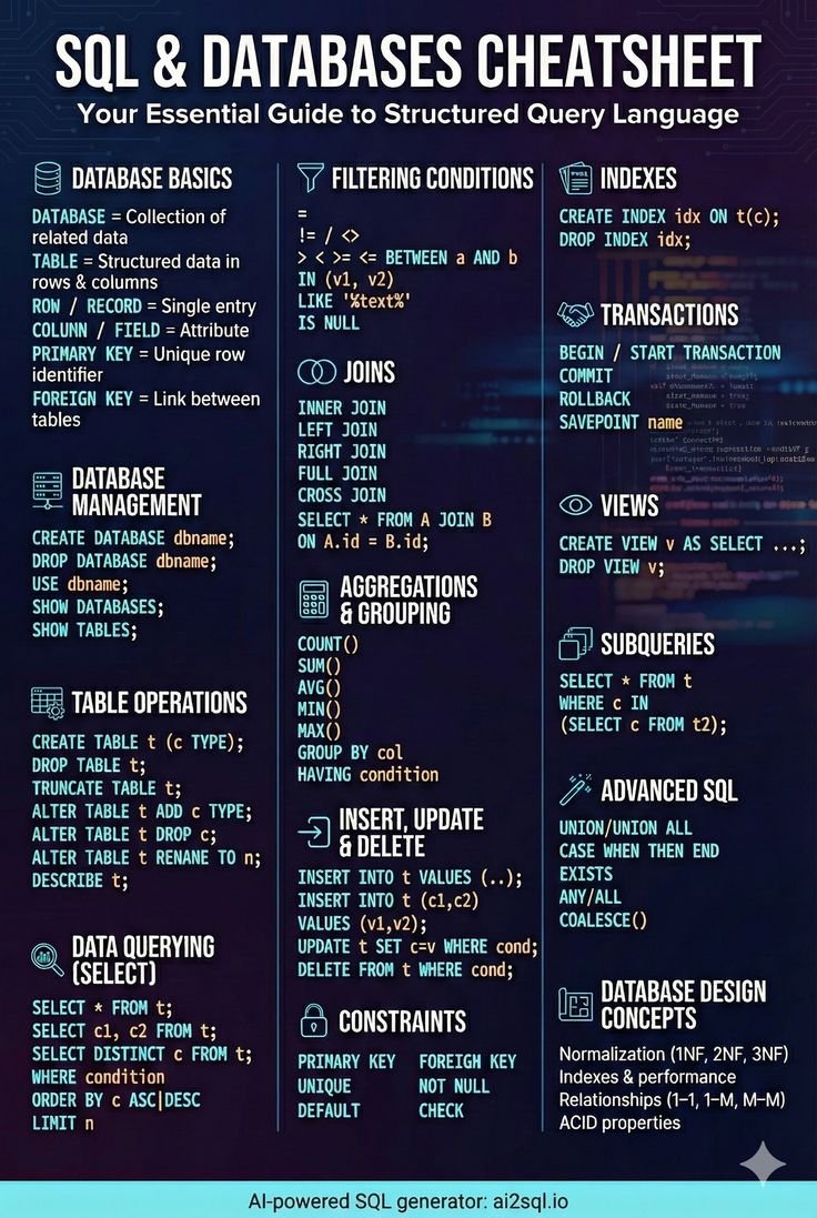 SQL & Databases Cheat Sheet for Developers