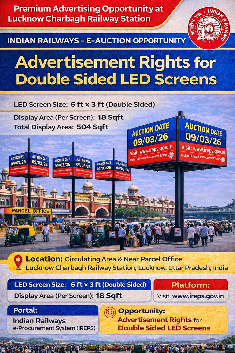 drm_lko's tweet photo. Promote your brand at #Lucknow Charbagh Railway Station with double-sided LED screens.
A premium advertising opportunity offering high visibility and reach among thousands of daily passengers. @RailMinIndia @RailwayNorthern #drmlko https://t.co/S3BOit2cq5