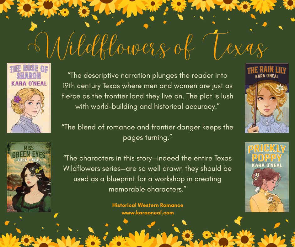 KaraONealAuthor's tweet photo. ⭐️⭐️𝐖𝐈𝐋𝐃𝐅𝐋𝐎𝐖𝐄𝐑𝐒 𝐎𝐅 𝐓𝐄𝐗𝐀𝐒 𝐒𝐄𝐑𝐈𝐄𝐒⭐️⭐️

Award-winning, historical western romances filled with risk-taking, courage, faith, and love! The women are as wild as the flowers dotting the hills of Texas, and their heroes love it!

https://t.co/m9ymrYjURC https://t.co/eBRqqu2eMc