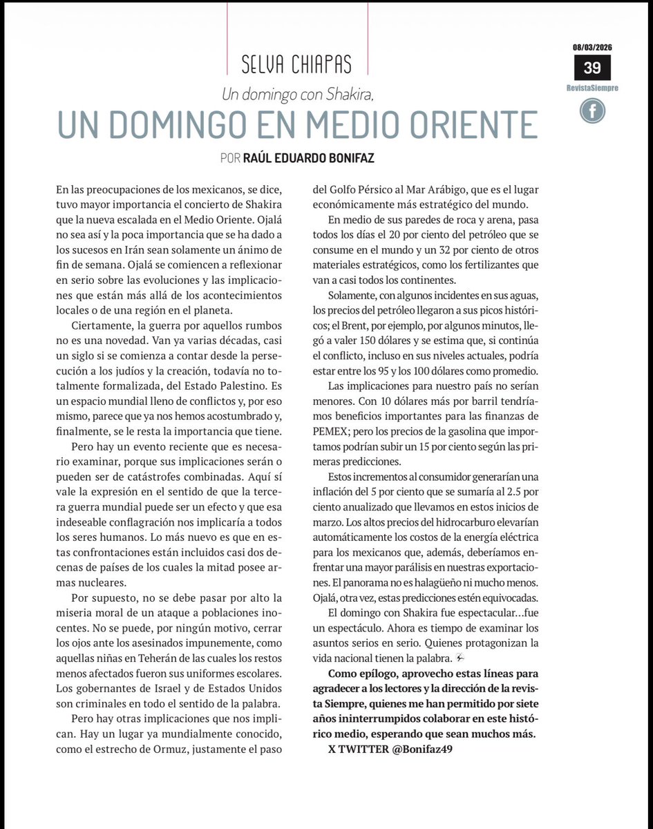 "Israel y Estados Unidos son criminales en todo el sentido de la palabra".

Aprovecho estas líneas para agradecer a los lectores porque me han permitido por siete años ininterrumpidos colaborar en <a href="/Siempre_revista/">Revista Siempre</a> esperando que sean muchos más