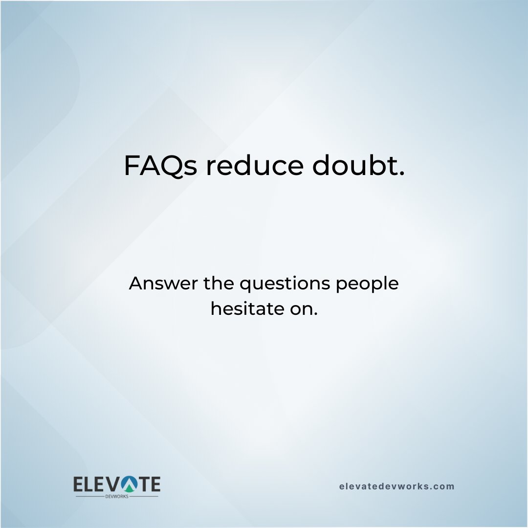 elevatedevworks's tweet photo. FAQs reduce hesitation.

Add answers for pricing, timeline, service area, what’s included, and what happens next.

What’s the #1 question customers ask you? https://t.co/R0HwTMBepM