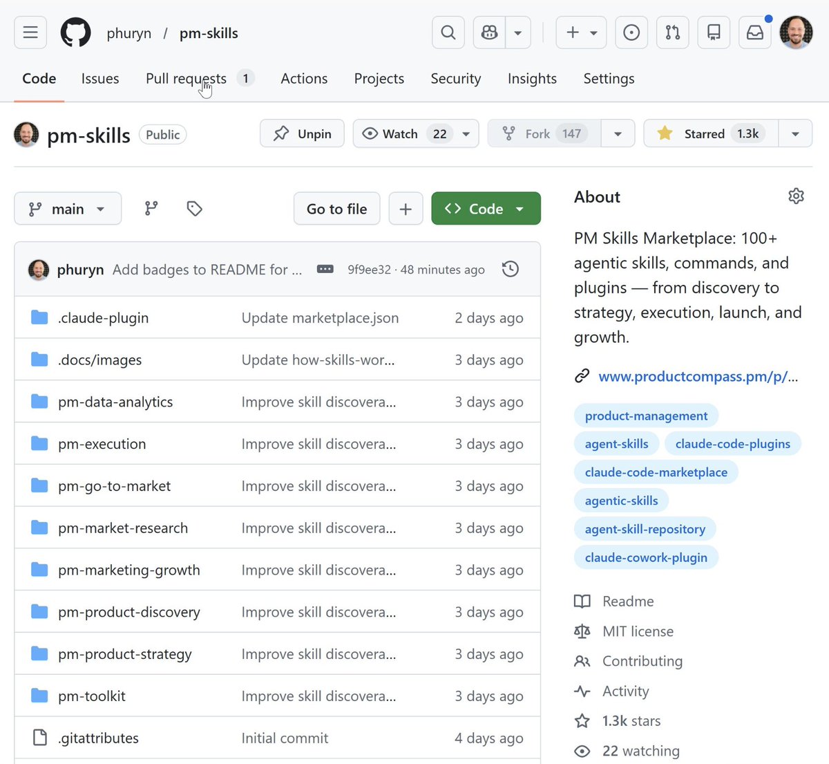 Claudeを「AIプロダクトマネージャー」に変えるオープンソースが公開されました。

GitHubでは72時間で⭐1,300以上獲得。

例えばClaudeに
・プロダクト仕様書作成
・ロードマップ設計
・市場分析
・ユーザーペルソナ作成

など 100以上のPM業務を実行させることができます。具体的に解説します👇