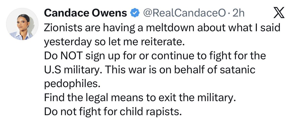 bren45000's tweet photo. Is Candace protecting pedophiles?

She says our U.S. servicemen are fighting for “satanic pedophiles.”

Huge claim!!

So naturally she must have the evidence and the names … right?

So where are the names?

If these child rapists exist, why isn’t she exposing them?

Why would Candace protect them?

I’m very disappointed in you @RealCandaceO.