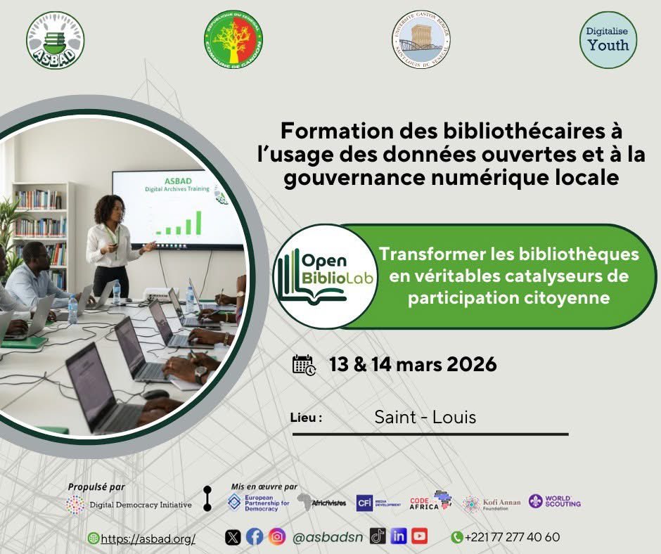 asbadsn's tweet photo. L'@asbadsn organise une formation destinée aux #bibliothécaires de #SaintLouis dans le cadre du projet Open Biblio Lab.
🗓️13 & 14 Mars 2025 · Saint-Louis, Sénégal
👉 🔗 Inscriptions : https://t.co/8K7BEcLTFy
#OpenBiblioLab #ASBAD #DonnéesOuvertes https://t.co/mM3sJu9seg