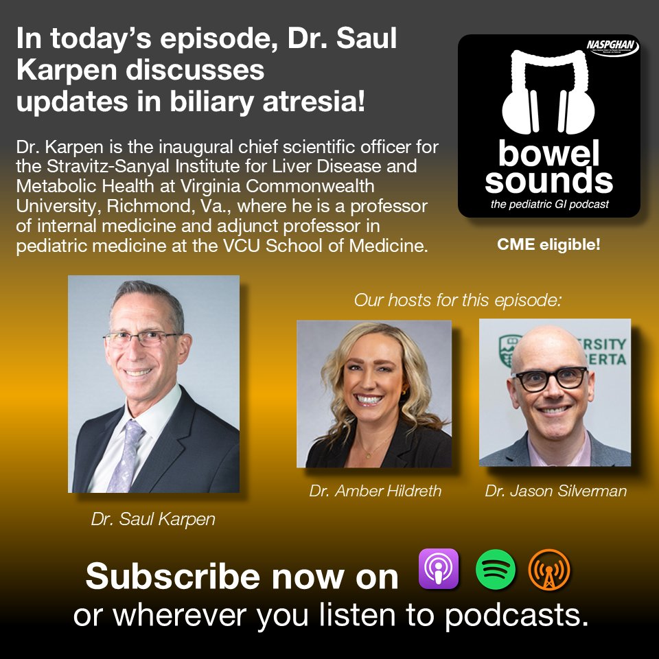 bowelsounds's tweet photo. "Be curious" and join hosts Dr Amber Hildreth and Dr Jason Silverman as they talk with Dr Saul Karpen, THE pediatric hepatologist at Virginia Commonwealth University, about new genetic discoveries in biliary atresia!

Listen now 🎧 https://t.co/hPV9HbYGoH https://t.co/8EKftBpkpZ