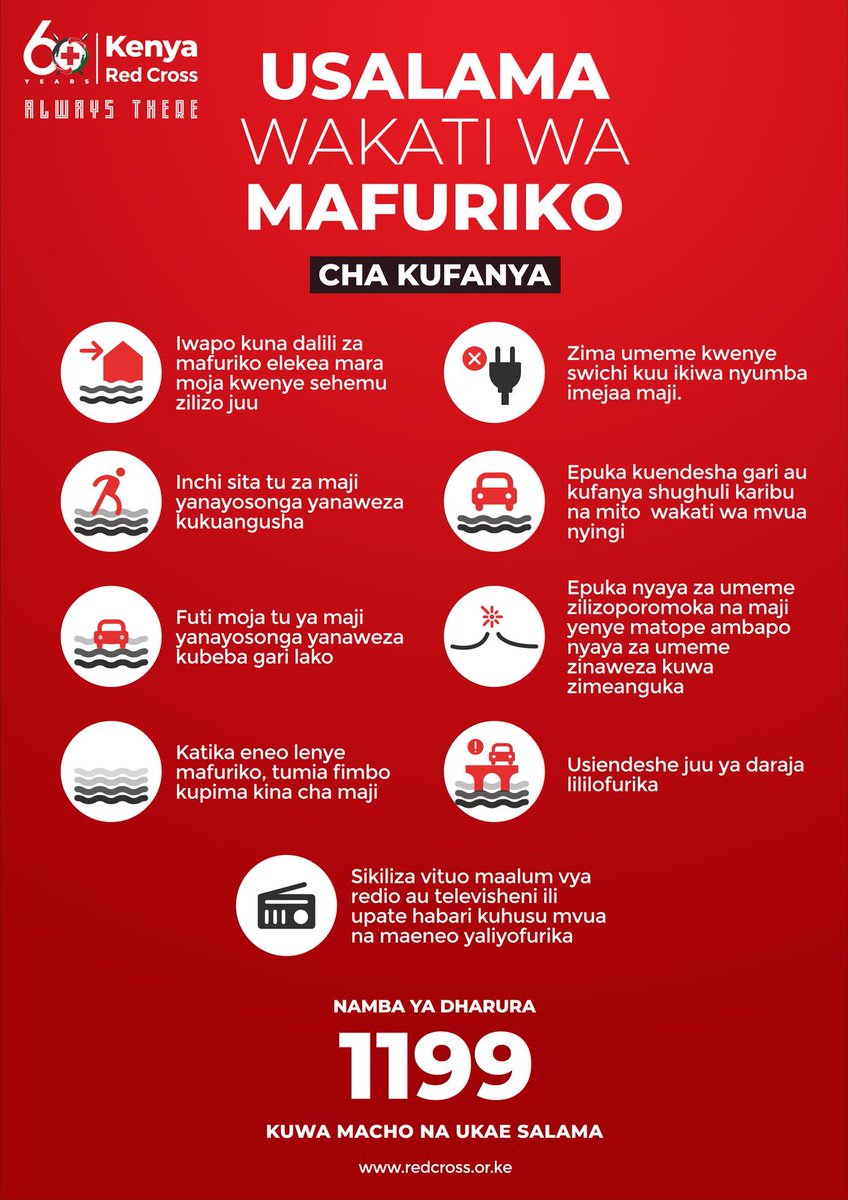 Mvua kubwa inaweza kusababisha mafuriko katika eneo lako. Usipite kwenye mafuriko, maeneo wazi au kujikinga chini ya miti.