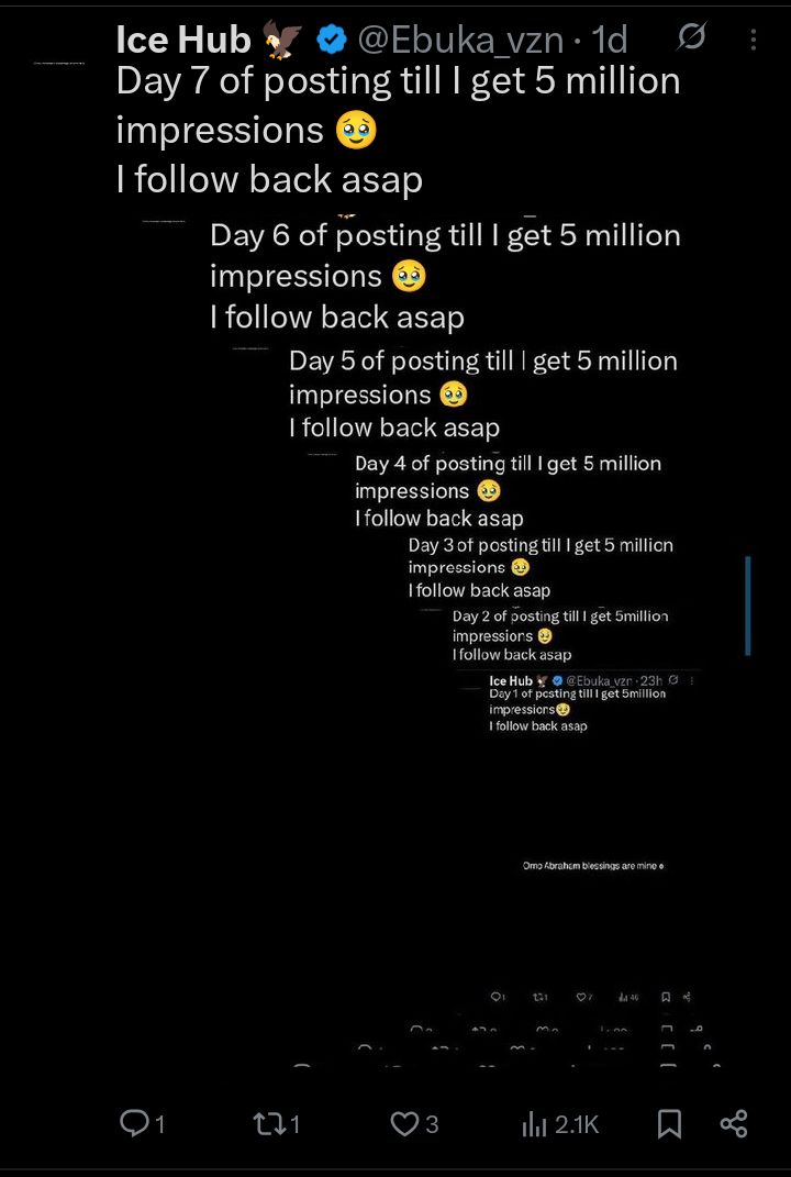 Day 8 of posting till I get 5 million impressions 🥹 
I follow back asap