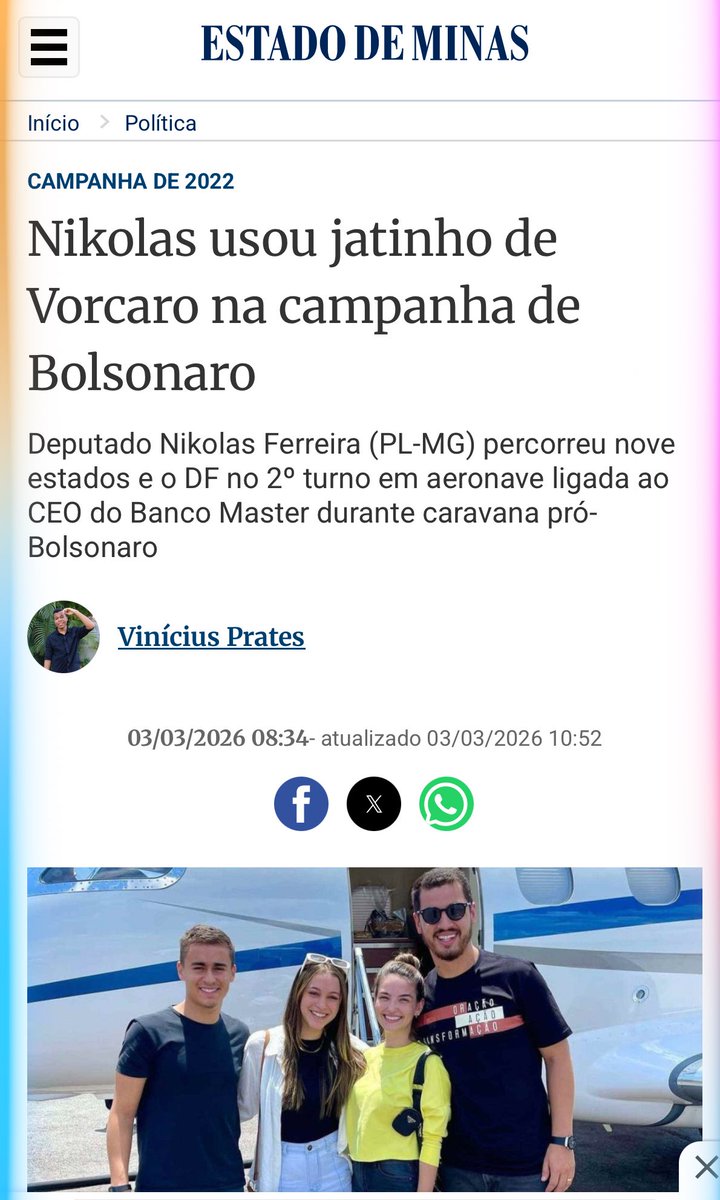 Nikolas usou o avião de Vorcaro não uma, duas, três, quatro, cinco, seis, sete, oito, nove, mas, pelo menos, DEZ A DOZE VEZES para fazer campanha para BOLSONARO.

Ninguém empresta avião e deposita 3 milhões na conta sem troca.  Já explicaram? Era a omissão de Campos Neto?