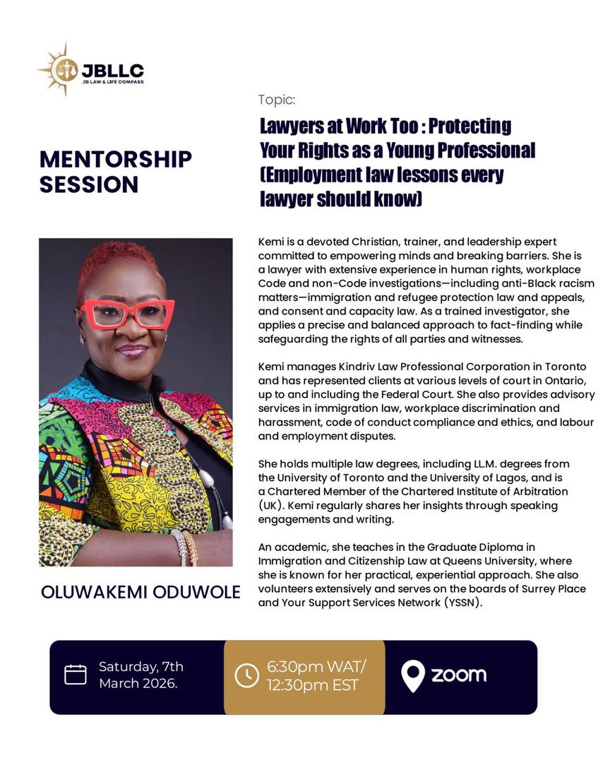 📌 Join us TODAY for another impactful mentorship session as we break it down clearly and practically.

Click the Link Below to Join 
us06web.zoom.us/j/83636114686?…

Meeting ID: 836 3611 4686
Passcode: 642865

🗓 Date: 7th March
⏰ Time: 6:30pm WAT/ 12:30Pm EST
 Venue: Zoom

#Lawyers