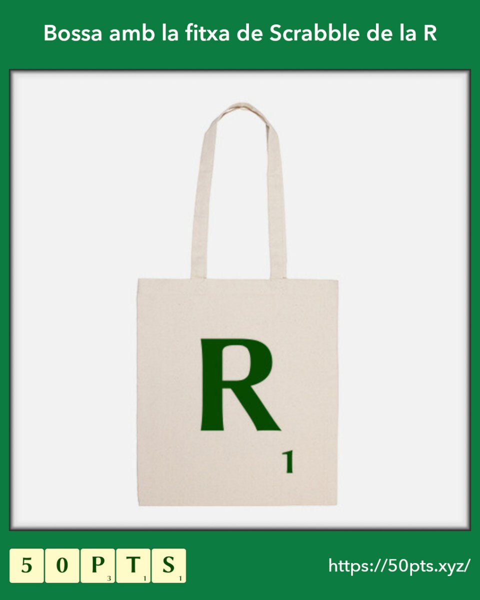 50pts_cat's tweet image. Bossa de cotó amb la fitxa de Scrabble de la R

És el que estaves buscant? Descobreix les nostres bosses de tela amb disseny de fitxa de #ScrabbleEnCatalà al nostre web. Les tenim amb totes les lletres del #ScrabbleCAT.
