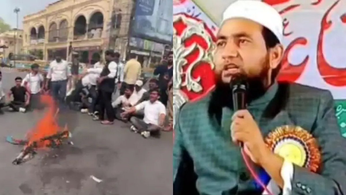 OpIndia_com's tweet photo. Protests erupt in Lucknow after Bihar-based Maulana Abdullah Salim’s alleged remark on CM Yogi Adityanath’s mother.

Youths burn his effigy, demand FIR and arrest.

Warn of bigger agitation if action isn’t taken.

https://t.co/zF0pKLsDWi https://t.co/hC0fZxAf6N