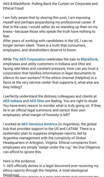 micyoung75's tweet photo. This account has been posting documented allegations about AES ethics suppression and the BlackRock due diligence since September with almost no pickup. The claims are specific. The evidence trail is named. Audio is now alleged. Investigative journalists covering the AES Indiana rate story need to find this thread and pull it properly.