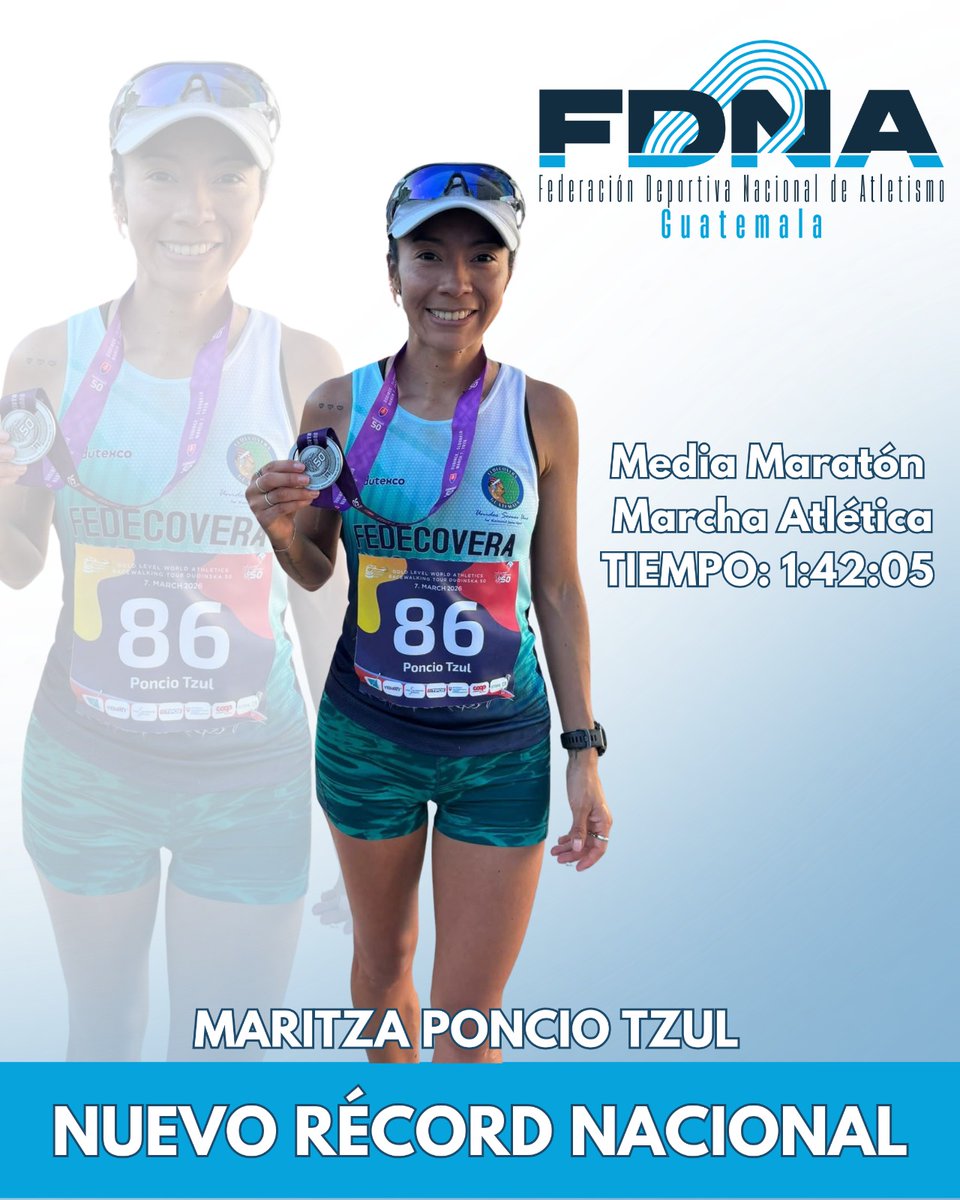 MARITZA PONCIO IMPONE NUEVO RÉCORD NACIONAL EN LA MEDIA MARATÓN DE MARCHA

La atleta guatemalteca Maritza Poncio, originaria de Totonicapán, estableció un nuevo récord nacional en la prueba de media maratón de marcha atlética (21 kilómetros) al registrar un tiempo de 1:42:05.