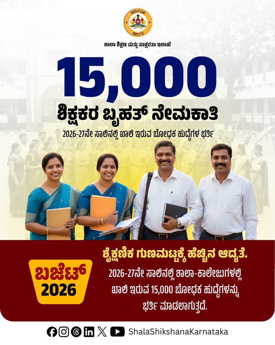 ShalaShikshana's tweet photo. ರಾಜ್ಯದ ಸರ್ಕಾರಿ ಶಾಲೆ ಮತ್ತು ಕಾಲೇಜುಗಳಲ್ಲಿ ಗುಣಮಟ್ಟದ ಬೋಧನೆಯನ್ನು ಖಚಿತಪಡಿಸಲು ನಮ್ಮ ಸರ್ಕಾರ ಬದ್ಧವಾಗಿದೆ. 2026-27ನೇ ಸಾಲಿನಲ್ಲಿ ಖಾಲಿ ಇರುವ ಒಟ್ಟು 15,000 ಬೋಧಕ ಹುದ್ದೆಗಳನ್ನು ಭರ್ತಿ ಮಾಡಲು ನಿರ್ಧರಿಸಲಾಗಿದೆ. ಈ ಬೃಹತ್ ನೇಮಕಾತಿ ಪ್ರಕ್ರಿಯೆಯು ಶೈಕ್ಷಣಿಕ ಕ್ಷೇತ್ರದಲ್ಲಿನ ಸಿಬ್ಬಂದಿ ಕೊರತೆಯನ್ನು ನೀಗಿಸಲಿದೆ. ನಿರುದ್ಯೋಗಿ ಯುವಜನತೆಗೆ ಉದ್ಯೋಗಾವಕಾಶ ನೀಡುವ ಜೊತೆಗೆ, ವಿದ್ಯಾರ್ಥಿಗಳಿಗೆ ನಿರಂತರ ಮತ್ತು ಪರಿಣಾಮಕಾರಿ ಶಿಕ್ಷಣ ನೀಡಲು ಇದು ಸಹಕಾರಿಯಾಗಲಿದೆ.

To ensure uninterrupted and high-quality teaching, the Government of Karnataka will recruit 15,000 teachers for schools and colleges for the academic year 2026-27. This massive recruitment drive is a strategic move to address staff shortages and strengthen the academic framework of Karnataka. By bringing in qualified educators, we aim to enhance the learning experience for students while providing career opportunities for the youth of Karnataka.

#TeacherRecruitment #JobOpportunity #EducationFirst #Shalashikshana #GovernmentSchoolsofKarnataka