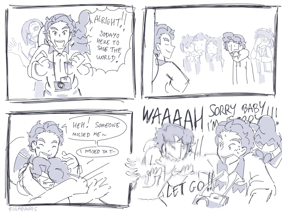 Comeback comics!!! In lore Jeffrey was with Sodayo for the entire time off screen! But just for fun wanted to doodle how it would go if they had been 1 year apart teheh… alternate ending to the biting is a HUUUUGEEE KISS that makes everyone surprised  1/2