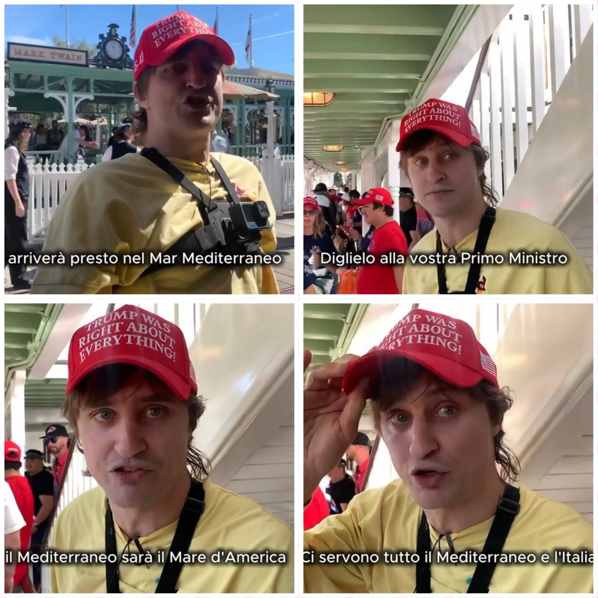 I "patrioti" di #trump, che si riuniscono a Disneyland, per loro simbolo del #woke.
Il tipo in maglietta gialla, indignato perché non fanno entrare nel parco con le armi, "svela" i progetti per l'#Italia e per il #Mediterraneo 
Dal servizio di Lucia Magi per #propagandalive