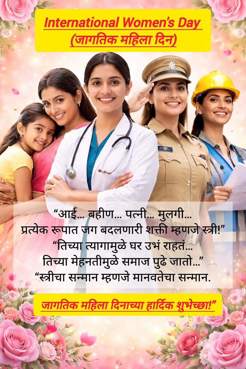 preshitpatil_'s tweet photo. “स्त्री म्हणजे शक्ती, स्त्री म्हणजे प्रेरणा! 💪 | जागतिक महिला दिन विशेष” international woman's day आई, बहीण, पत्नी, मुलगी…
प्रत्येक रूपात स्त्री ही प्रेम, त्याग आणि शक्तीचे प्रतीक आहे.
समाज घडवणाऱ्या प्रत्येक स्त्रीला सलाम! 🙏
💐 जागतिक महिला दिनाच्या हार्दिक शुभेच्छा! https://t.co/gacIuUR9lN