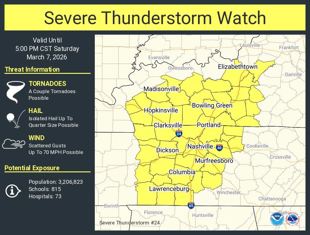 RuCoWeather's tweet photo. Severe Thunderstorm Watch for Rutherford County until 5pm. Damaging straight line winds up to 70 mph possible and the tornado threat is not zero. Check future cast for timing but now looks like 3-4pm for line to come into the county. https://t.co/ZIMdxT9UC0