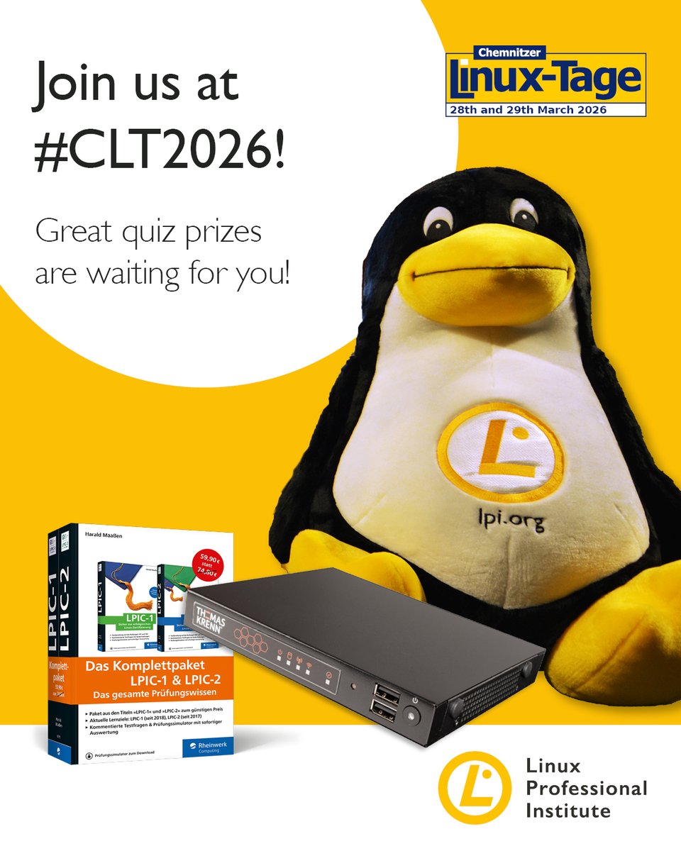 LPIConnect's tweet photo. Thanks to @ThomasKrennAG for sponsoring an Edge4Go and to @rheinwerkverlag for providing reference books as quiz prizes at Chemnitzer #LinuxTage, Mar 28–29 in Germany!
Take the quiz at our booth also to win a large plush Tux 🐧
Save big on #LPI exams 👉 https://t.co/2wgz7sXj4k https://t.co/Vw6K0r6S4D